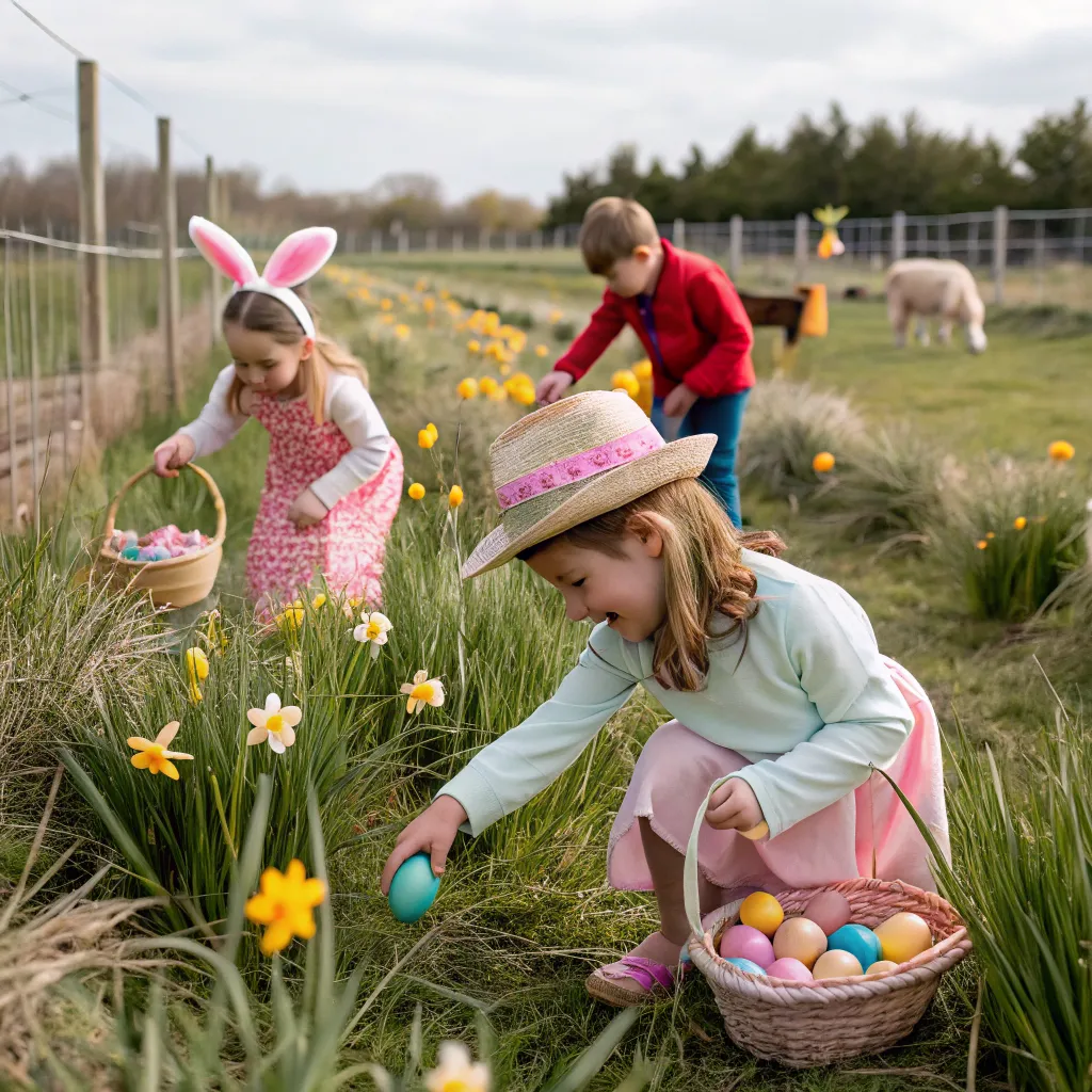 Children enjoying egg hunt on farm