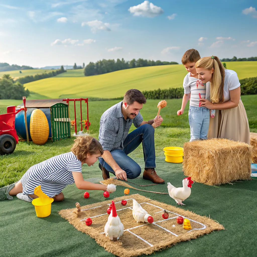 Family playing chicken-themed farm games